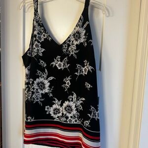 Roz & Ali Black Floral V-Neck Tank with Red Stripe Hem